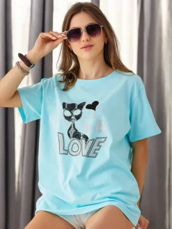 Bluzki / Koszule / Koszulki^Royalfashion Bawełniany damski t-shirt Cat Love Ecru