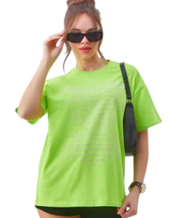 Bluzki / Koszule / Koszulki^Royalfashion Bawełniany damski t-shirt z napisami z cyrkonii zielony