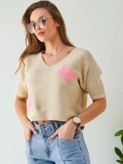 Swetry^Royalfashion Bawełniany damski krótki sweter w motylki beżowy