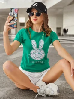 Bluzki / Koszule / Koszulki^Royalfashion Bawełniany damski t-shirt Bunny Say Be Real zielony