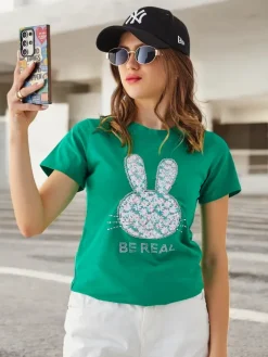 Bluzki / Koszule / Koszulki^Royalfashion Bawełniany damski t-shirt Bunny Say Be Real zielony