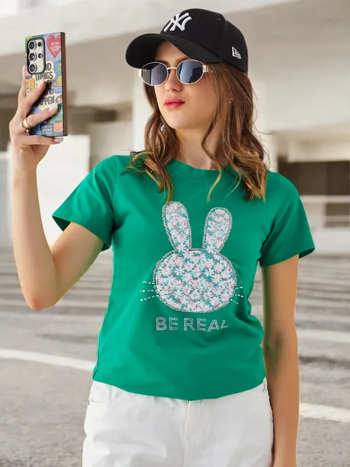 Bluzki / Koszule / Koszulki^Royalfashion Bawełniany damski t-shirt Bunny Say Be Real zielony