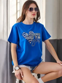 Bluzki / Koszule / Koszulki^Royalfashion Bawełniany damski t-shirt LOVE z cyrkoniami Granatowy