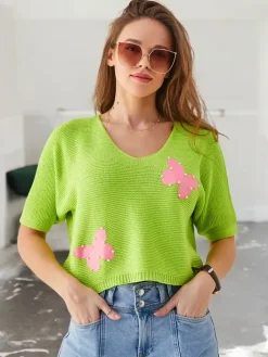 Swetry^Royalfashion Bawełniany damski krótki sweter w motylki jasnozielony