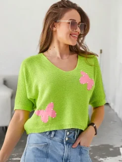 Swetry^Royalfashion Bawełniany damski krótki sweter w motylki jasnozielony