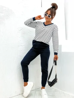 Komplety Damskie^Royalfashion Bawełniany damski komplet w paski Granatowy