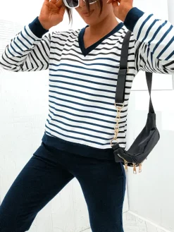 Komplety Damskie^Royalfashion Bawełniany damski komplet w paski Granatowy