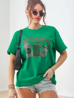 Bluzki / Koszule / Koszulki^Royalfashion Bawełniany damski t-shirt z nadrukiem z cyrkonii zielony