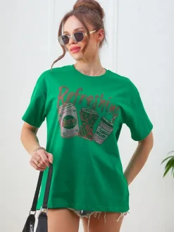 Bluzki / Koszule / Koszulki^Royalfashion Bawełniany damski t-shirt z nadrukiem z cyrkonii zielony