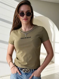 Bluzki / Koszule / Koszulki^Royalfashion Bawełniany damski crop top z napisem zielony