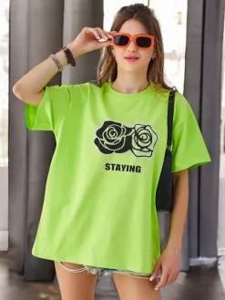 Bluzki / Koszule / Koszulki^Royalfashion Bawełniany damski t-shirt Rose Flower zielony