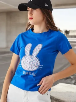 Bluzki / Koszule / Koszulki^Royalfashion Bawełniany damski t-shirt Bunny Say Be Real Granatowy