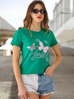 Bluzki / Koszule / Koszulki^Royalfashion Bawełniany damski t-shirt Butterfly zielony