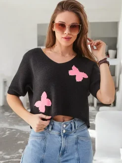 Swetry^Royalfashion Bawełniany damski krótki sweter w motylki czarny