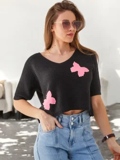 Swetry^Royalfashion Bawełniany damski krótki sweter w motylki czarny