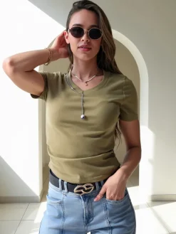 Bluzki / Koszule / Koszulki^Royalfashion Bawełniany damski crop top zielony