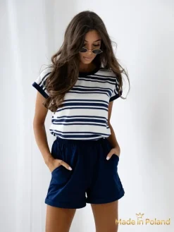Komplety Damskie^Royalfashion Bawełniany Komplet damski z krotkim rękawem i krótkimi spodenkami w paseczki Granatowy