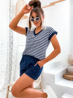 Komplety Damskie^Royalfashion Bawełniany komplet damski w paski Granatowy