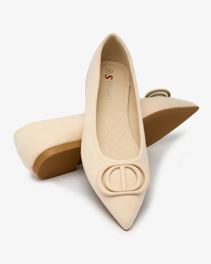 Baleriny Klasyczne^Royalfashion Beżowe baleriny damskie w szpic z ozdobą na nosku Tidita krem