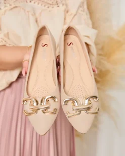 Baleriny Klasyczne^Royalfashion Beżowe baleriny damskie w szpic z ozdobą na nosku Figgda beżowy