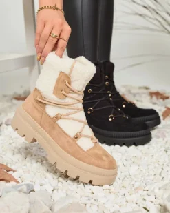 Trapery|Botki Z Delikatnym Ociepleniem^Royalfashion Beżowe botki damskie typu trapery z kożuszkiem Getatsa beżowy