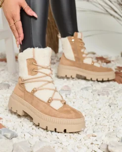 Trapery|Botki Z Delikatnym Ociepleniem^Royalfashion Beżowe botki damskie typu trapery z kożuszkiem Getatsa beżowy