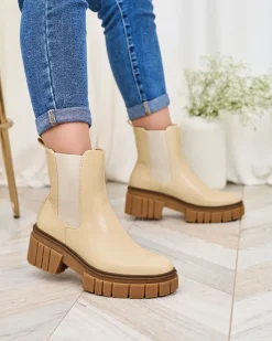 Botki Z Delikatnym Ociepleniem|Botki Na Płaskim Obcasie^Royalfashion Beżowe botki damskie na masywnej podeszwie Eferope beżowy