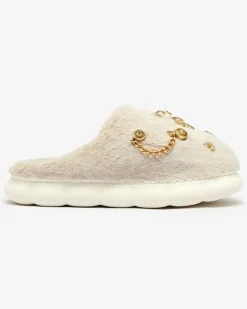 Kapcie^Royalfashion Beżowe damskie futrzane kapcie z ozdobami Erserra beżowy