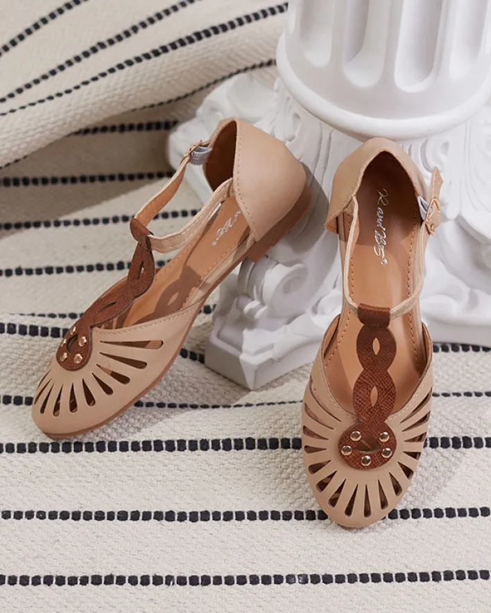 Baleriny Klasyczne^Royalfashion Beżowe damskie baleriny ażurowe z wycięciem po bokach Erraf beżowy