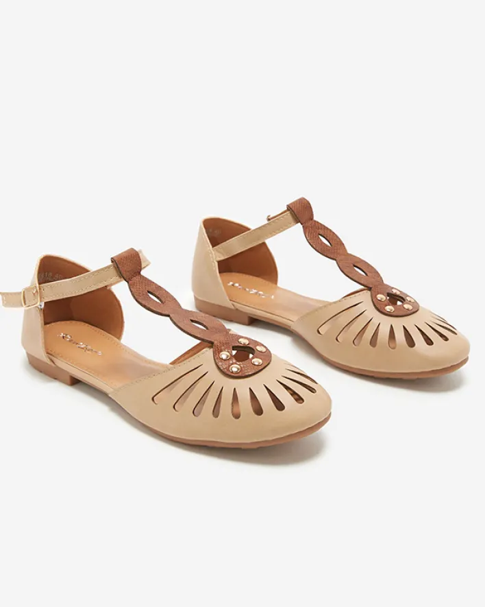 Baleriny Klasyczne^Royalfashion Beżowe damskie baleriny ażurowe z wycięciem po bokach Erraf beżowy