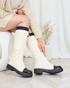 Kozaki Na Płaskim Obcasie|Kozaki Z Ociepleniem^Royalfashion Beżowe damskie kozaki pikowane Ataeb beżowy