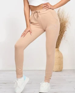 Spodnie Dresowe^Royalfashion Beżowe damskie spodnie dresowe z cyrkoniami beżowy