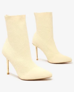 Szpilki|Botki Bez Ocieplenia^Royalfashion Beżowe damskie tkaninowe botki Mofissi beżowy