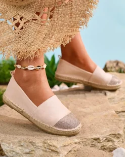 Espadryle Płaskie^Royalfashion Beżowe damskie espadryle z cyrkoniami Iterica beżowy