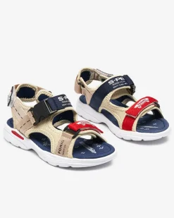 Chłopięce^Royalfashion Beżowo- granatowe chłopięce sandały na rzepy Elbrusii
