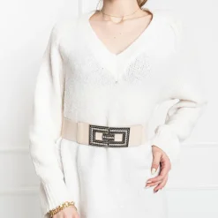 Paski^Royalfashion damski elastyczny pasek ze srebrną klamrą z cyrkoniami beżowy