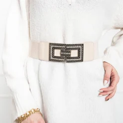 Paski^Royalfashion damski elastyczny pasek ze srebrną klamrą z cyrkoniami beżowy