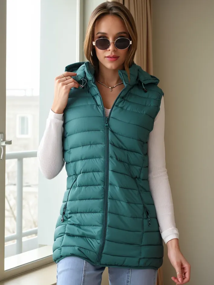 Kurtki / Marynarki / Płaszcze^Royalfashion Bezrękawnik damski z odpinanym kapturem zielony