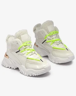 Śniegowce|Ocieplane^Royalfashion Białe sportowe buty damskie z futerkiem i owymi zielonymi sznurówkami Sagglo neon
