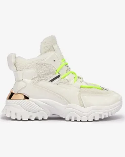 Śniegowce|Ocieplane^Royalfashion Białe sportowe buty damskie z futerkiem i owymi zielonymi sznurówkami Sagglo neon