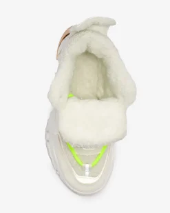 Śniegowce|Ocieplane^Royalfashion Białe sportowe buty damskie z futerkiem i owymi zielonymi sznurówkami Sagglo neon