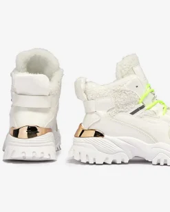 Śniegowce|Ocieplane^Royalfashion Białe sportowe buty damskie z futerkiem i owymi zielonymi sznurówkami Sagglo neon
