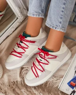 Sneakersy^Royalfashion Biało - szare sportowe sneakersy damskie z mi sznurówkami Olierinc czerwony