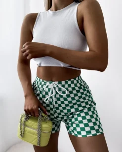 Szorty|Krótkie Spodenki^Royalfashion Biało - zielone damskie materiałowe krótkie spodenki w kratkę PLUS SIZE zielony