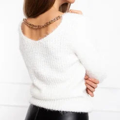 Swetry^Royalfashion sweter damski z łańcuszkiem biały