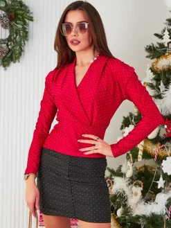 Bluzki / Koszule / Koszulki^Royalfashion Bluzka damska z cyrkoniami czerwony