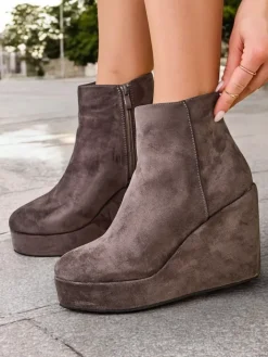 Botki Z Delikatnym Ociepleniem|Botki Na Koturnie^Royalfashion Botki damskie na koturnie Sieffa gołębi szary