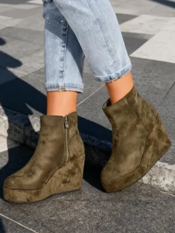 Botki Z Delikatnym Ociepleniem|Botki Na Koturnie^Royalfashion Botki damskie na koturnie Sieffa zielony