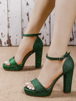 Sandały Na Słupku^Royalfashion Brokatowe damskie sandały Vobetta zielony