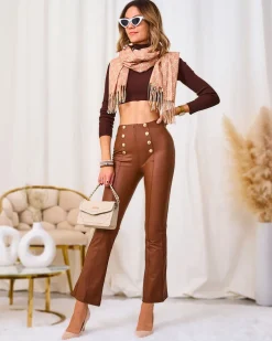 Eko Skórzane|Legginsy / Tregginsy^Royalfashion Brązowe damskie eko-skórzane legginsy ze złotymi guzikami brązowy